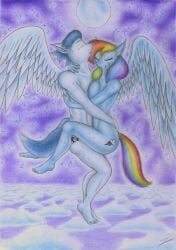 anthro anthro_on_anthro ass barefoot blue_hair breast_squish breasts busty_female closed_eyes cloud clouds feet female flying flying_sex friendship_is_magic hug hugging male midair midair_sex mile_high_club my_little_pony my_little_pony_friendship_is_magic naked naked_hug night outdoor_sex outdoors pegasus rainbow_dash_(mlp) rainbow_hair sex shipping sinaherib soarin_(mlp) straight