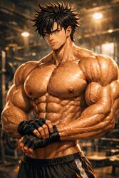 ai_generated ambient_particles anime_face anime_render anime_style arms_crossed athletic_build athletic_shorts bare_chest biceps black_gloves black_shorts blurred_equipment body_highlights bodybuilder bokeh_background broad_shoulders chest_cleavage chest_striations cinematic_lighting clenched_hands confident_pose contrasty_lighting dark_background dark_hair defined_pecs deltoids depth_of_field detailed_shading digital_art dramatic_shadows facial_hair feet fingerless_gloves fitness_environment foot_fetish footwear forearms front_view gay glistening_skin golden_light green_eyes gritty_gym_vibe gym gym_background gym_cinematic_bokeh hand_grip high_detail high_resolution huge_shoulders hyper_muscular illustration indoor_gym intense_look large_pectorals light_glow male male_torso masculine_aesthetic massive_arms massive_chest messy_hair moody_atmosphere muscle_striations muscular_arms muscular_definition muscular_male nipples overhead_lights oversized_muscles physique portrait_composition powerful_pose prominent_veins pumped_muscles realist_anime_style ripped_abs sculpted_abs semi_realistic serious_expression sexy sharp_eyes shiny_highlights shirtless shorts_stripe shoulder_caps six_pack skin_specular solo solo_male spiky_black_hair spiky_hair steam_like_glow strong_jawline stubble sweat_beads sweaty_skin thick_hair thick_neck three_quarter_pose training_gloves trapezius_muscles triceps upper_body_focus v_taper vascular_arms veiny_biceps veiny_forearms waistband warm_lighting warm_tone_color_grading water_droplets weight_room wet_body white_stripe wide_lats workout_scene wrist_wraps