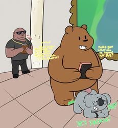 2018 anal anal_sex anthro balls bear bunnybara cartoon_network english_text farmer_(wbb) from_behind_position grizzly_(wbb) grizzly_bear group human inside koala male male_only mammal marsupial nom_nom_(wbb) penetration penis recording sex size_difference text we_bare_bears