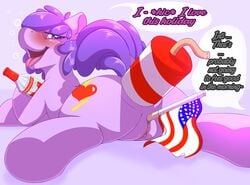 2018 alcohol american_flag anal anal_sex anus ass beverage blush bottle camychan clitoral_hood clitoris cutie_mark dialogue dock double_penetration drunk duo earth_pony english_text equine everything_is_a_dildo everything_is_a_dildo_if_you_are_brave_enough explosives eyelashes fan_character female feral fireworks flag glass hair half-closed_eyes hi_res holidays hooves horse improvised_dildo improvised_sex_toy looking_at_viewer looking_back looking_pleasured lying mammal my_little_pony nude on_front open_mouth open_smile penetration pony purple_background purple_eyes purple_hair pussy pussy_juice shadow short_tail simple_background smile solo_focus speech_bubble star stripes text tongue tongue_out underhoof unseen_character vaginal_penetration