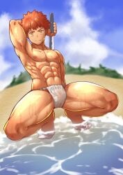 1boy abs armpits arms_up beach biceps big_areola blade breasts bulge bulge_through_clothing cloud collarbone crouching emiya_shirou fate fate/grand_order fate_(series) feet frown full_body fundoshi fundoshi_only gay hi_res holding_weapon japanese_clothes katana looking_at_viewer male male_only manly mature_male morning muscles muscular muscular_arms muscular_legs muscular_male muscular_thighs no_body_hair orange_hair outdoors pecs practically_nude quadriceps rokushaku_fundoshi ryotaro_810 sea seaside short_hair six_pack sky smile solo spiky_hair spread_legs toes topless tough_guy translucent translucent_clothing wet wet_body wet_fundoshi white_fundoshi yaoi yellow_eyes