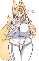 ... blonde_hair blonde_tail blue_eyes curvy fox_girl fox_tail grey_shirt huge_breasts looking_at_viewer thick_thighs track_suit undressing unzipping_tracksuit voluptuous wide_hips