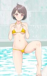 barefoot bikini bob_cut brown_hair female female_only hayami_daiya kiniro_tofu looking_at_viewer pink_eyes pool short_hair small_breasts smile solo tetsudou_musume underboob yellow_bikini
