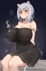 1girls after_paizuri animal_ears black_dress blush braid braided_hair_rings breasts breasts_out cat_ears cat_tail closed_mouth covered_nipples cum cum_in_clothes dress dress_strap_slip female grey_hair hair_rings hakase_fuyuki hakase_fuyuki_(4th_costume) highres huge_breasts implied_after_paizuri large_variant_set nijisanji noumu_(pixiv) red_eyes short_hair sidelocks sitting strap_slip tail thighs variant_set virtual_youtuber white_tail