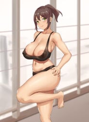 1girl armpits blush breasts brown_hair cleavage covered_nipples green_eyes kai_jj large_breasts looking_at_viewer navel original panties sports_bra