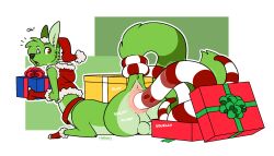 7:4 anal anal_sex anus backsack balls christmas christmas_clothing christmas_headwear citra citra_taur clothing fur genitals green_body green_fur halbean hat headgear headwear hi_res holidays male mammal mammal_taur penetration perineum santa_hat solo tail taur tentacle tentacle_in_ass tentacle_penetration twerp_(halbean)