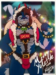 absurd_res anthro belt belt_buckle bracelet buckle bulge canid canine canis christmas christmas_clothing christmas_headwear clothing collar costume demon detailed_bulge fangs gear hat headgear headwear hi_res holidays hybrid jewelry male mammal mrdarknesswolf mythological_canine mythological_creature mythology santa_costume santa_hat satan smile solo spiked_bracelet spiked_collar spikes standing straps teeth tight_clothing werecanid werecanine werecreature werewolf wolf yule