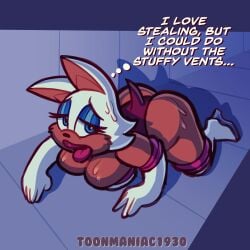 1girls anthro ass bat bat_wings blue_eyeshadow blue_hair breasts crawling elbow_gloves eyelashes female female_focus female_only furry high_heel_boots hips large_ass large_breasts mobian_(species) rouge_the_bat sega sonic_(series) sonic_the_hedgehog_(series) sweat sweatdrop sweating thick_thighs thighs tongue tongue_out toonmaniac1930 vent white_hair