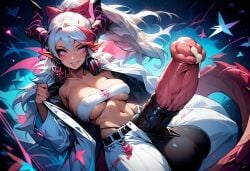 absurdly_large_cock ai_generated arknights belt breasts cum_drip cumshot dragon_girl futa_focus futa_only futanari horns horsecock horsecock_futanari horsecock_penis jacket jacket_open nian_(arknights) pants pink_eyes ponytail releisnaughty seductive solo solo_female tagme white_hair