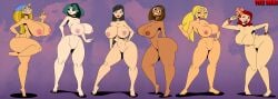 6girls alternate_breast_size areolae arms_behind_ass arms_behind_back artist_signature ass barefoot big_ass big_breasts big_butt black_hair blonde_hair blue_eyes bracelet breasts breasts_bigger_than_head bridgette_(tdi) brown_eyes brown_hair cartoon_network choker completely_nude completely_nude_female courtney_(tdi) curvy earrings feet female female_only flower flower_on_head full_body gesture gesturing_at_viewer green_eyes gwen_(tdi) hand_on_hip heather_(tdi) hourglass_figure huge_breasts lindsay_(tdi) lipstick long_hair looking_at_viewer looking_to_the_side multicolored_hair multiple_girls neckwear nipples nude nude_female ponytail pussy red_hair redesign rustysh4ckl3ford short_hair shorts simple_background smile standing standing_on_one_leg teletoon tiptoes total_drama_(series) total_drama_island two_fingers two_fingers_up waving wedding_ring wink winking_at_viewer wristwear zoey_(tdi)