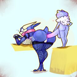 1boy 1girls amphibian anal anal_sex anthro anthro_on_anthro ass bent_over big_ass big_breasts big_penis big_testicles blue_background blue_skin blush breasts closed_eyes duo erection female fishnets froakie frog gloves greninja heart hi_res interspecies large_ass large_breasts larger_female long_penis male male_penetrating nintendo nude penetration penis pokémon_(species) pokemon pokemon_(species) pokemon_xy pussy sex sirphilliam size_difference smaller_male standing straight sweat testicles text thick_thighs underboob video_games webbed_feet wide_hips