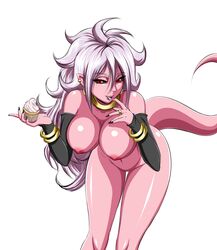 1girls 2010s ahoge android_21 black_nails black_sclera bracelet breasts cupcake curvy dark_persona detached_sleeves dragon_ball dragon_ball_fighterz earrings eyelashes female finger_to_mouth gold highres humanoid jewelry large_breasts leaning_forward long_hair looking_at_viewer majin majin_android_21 monster_girl neck_ring nipples nude open_mouth pink_hair pink_skin pointy_ears red_eyes ring simple_background solo tail tongue tongue_out white_background white_hair zantyarz