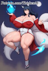 1girls ahri ai_generated cleavage detached_sleeves energy_ball floating flying fox_ears fox_girl huge_breasts korean_clothes kunaboto_(style) league_of_legends looking_at_viewer moon night outdoors plump solo stable_diffusion thick_thighs venus_body