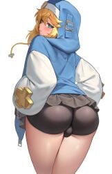 1boy androgynous ass ballsack big_ass bike_shorts blonde_hair blue_eyes blush bridget bulge femboy feminine_male guilty_gear guilty_gear_strive hakusyokuto legs lo long_hair looking_at_viewer male male_focus male_only otoko_no_ko shorts skirt solo standing thick_thighs thighs white_background