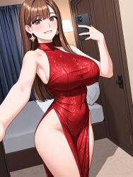 1girls ai_generated biting_own_lip brown_hair huge_breasts large_breasts red_dress selfie smiling_at_viewer solo_female thight_clothing white_girl white_skin