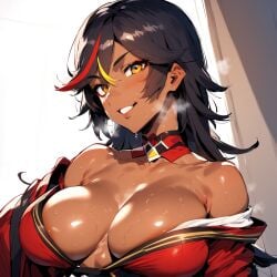 1girls ai_generated alteryors areolae big_breasts blush breasts dark-skinned_female dark_skin female female_only genshin_impact kimono voluptuous xinyan_(genshin_impact)