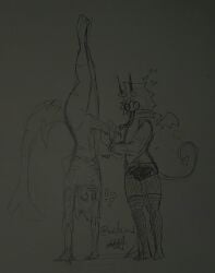 2boys anthro artist_logo artist_request artist_signature big_thighs blush clothes demon demon_boy demon_horns demon_tail drawing femboy furry gay handjob handstand male male_only milo_m.h naked oc original original_art original_artwork original_character persona shark_boy shark_tail suprised thighs