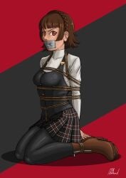 2d 2d_(artwork) bondage breasts gag gagged heel_boots heels high_heels makoto_niijima mcbound persona persona_5 persona_5_royal rope rope_bondage school_uniform schoolgirl shibari_over_clothes skirt tape tape_gag taped_mouth tied tied_up