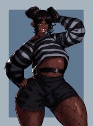 1boy axred7 belly black_femboy clothed dark-skinned_femboy dark-skinned_male dark_male_only dark_skin femboy fishnet_legwear freckles freckles_on_face green_eyes hair_bun looking_at_viewer male_focus male_only painted_nails sharp_teeth sissy solo thick_thighs trap wide_hips