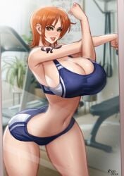 1girls bare_arms bare_legs bare_shoulders bare_thighs big_breasts blush clothed clothing color female female_focus female_only gym gym_clothes gym_uniform hi_res kyopink large_breasts light-skinned_female light_skin nami nami_(one_piece) one_piece orange_eyes orange_hair short_hair shounen_jump solo solo_female sweat tagme thick_thighs