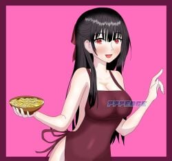 2d 777edge apron ass black_hair breasts covering_crotch date_a_live female light-skinned_female long_hair naked naked_female noodles red_eyes solo solo_female tokisaki_kurumi