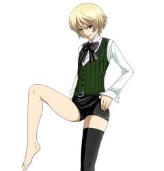 1boy alois_trancy barefoot black_butler black_thighhighs blonde_hair c3_piyo feet femboy girly male_only thighhighs twink white_background