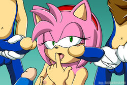 amy_rose anthro balls black_nose blue_fur breasts female gangbang green_eyes hairband half-closed_eyes hedgehog hedgehoglove male mobian_(species) open open_mouth penis pink_fur pink_hair sega short_hair simple_background sonic_(series) sonic_the_hedgehog straight sweat