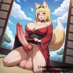 ai_generated blonde_hair canine_penis erection fox_ears fox_girl fox_tail futanari haruhime huge_balls huge_breasts huge_cock knotted_penis memytus thick_thighs