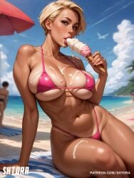 1girls ai_generated beach big_breasts bikini blonde blonde_female blonde_hair breasts huge_breasts ice_cream large_breasts pink_bikini short_hair short_hair_female shtora swimsuit thick_thighs wide_hips