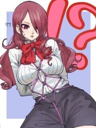 atlus big_breasts blush bondage bound breasts female female_focus female_only human humanoid looking_at_viewer mitsuru_kirijo persona persona_3 persona_3_reload poechan red_hair red_ribbon ribbon rope rope_bondage school_uniform schoolgirl sega shin_megami_tensei thighs