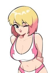 blonde_female blonde_hair blonde_hair_female blondie blue_eyes cleavage fortnite gwenpool looking_at_viewer marvel marvel_comics pink_hair provocative seductive selvish94 smiling_at_viewer underwear yellow_hair