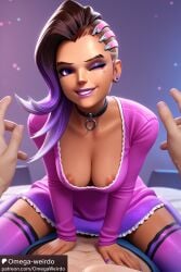 ai_generated collar earrings makeup male omega-weirdo overwatch overwatch_2 patreon purple_eyes purple_hair sidecut smile sombra straddling thighhighs wink