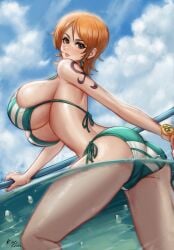 1girls ass ass_focus back back_view bare_arms bare_legs bare_shoulders bare_thighs big_ass big_breasts big_butt bikini bikini_bottom bikini_top clothed clothing color female female_focus female_only hi_res kyopink large_breasts light-skinned_female light_skin nami nami_(one_piece) one_piece orange_eyes orange_hair short_hair shounen_jump solo solo_female striped_bikini tagme tattoo thick_thighs water wet