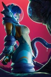 3d absurdres alien blue_bodysuit bodysuit bound bound_arms bound_legs breasts female fugtrup helmet highres juno_(overwatch) large_breasts monster nipples open_mouth overwatch overwatch_2 purple_hair short_hair solo space_helmet tentacle torn_clothes