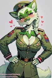 ai_generated big_breasts blush braided_hair cleavage female female_focus female_only furry furry_female furry_tail hands_on_hips head_tilt hearts_around_head military_uniform mischievous_smile pink_eyes pok&eacute;mon_(species) pokemon pokemon pokemon_(species) smiling smiling_at_viewer sprigatito thalaria!!