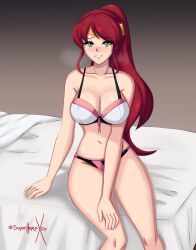 1girls blush cleavage green_eyes huge_breasts looking_at_viewer ponytail pyrrha_nikos red_hair rwby sitting_on_bed solo sonicheroxd underwear voluptuous