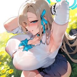 1girls ai_generated armpits arms_up asuna_(blue_archive) bag bangs blue_archive blue_eyes blush breasts choker cleavage depressu flower from_above large_breasts light-skinned_female light_skin long_hair looking_at_viewer nipples parted_lips pleated_skirt ribbon school_uniform see-through shirt skirt smile sunflower thighs white_shirt