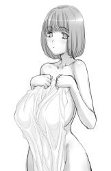 1girls big_breasts black_and_white breasts female greyscale magaki_ryouta monochrome nipples only_female original short_hair sketch