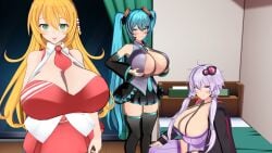 3girls blonde_hair blue_eyes blue_hair clothed hatsune_miku holding_breast large_breasts long_hair looking_at_viewer sitting_on_bed thick_thighs thighhighs tsurumaki_maki twintails vocaloid voiceroid white_hair yuzuki_yukari