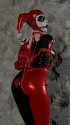 1girls 3d arms_behind_back ass ball_gag batman:_arkham_knight batman_(series) bondage bound crotch_rope dc dc_comics female female_only femsub fully_clothed gag harley_quinn harley_quinn_(arkham) harley_quinn_(arkham_knight) harley_quinn_(classic) latex restrained rindekey rope rope_bondage solo tied tied_arms tied_up tight_clothing