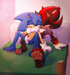 2boys balls bed bedroom_eyes black_fur blue_fur blush blushing chest_tuft cum curry5 gay gloves green_eyes half-closed_eyes handjob handwear kukkiisart male male_only pawpads paws penis pillow red_eyes red_fur shadow_the_hedgehog sonadow sonic_(series) sonic_the_hedgehog steam toe_claws white_gloves yaoi