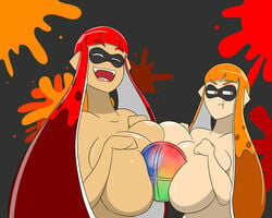 2girls alternate_breast_size anthro big_breasts breast_squish breasts cephalopod cephalopod_humanoid charie_(igphhangout) female female_only giggles huge_breasts humanoid igphhangout ink inkling inkling_girl kaori_(splatoon) mask_(marking) multiple_girls nintendo original_character pointy_ears smash_ball smile splatoon squid super_smash_bros. super_smash_bros._ultimate tentacle tentacle_hair