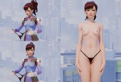 1girls 3d 3koma alternate_version_available asian_female barely_covered black_panties blizzard_entertainment breasts brown_hair clothed/nude d.va embarrassed embarrassed_nude_female embarrassed_underwear_female embarrassing_outfit enf euf female female_only girls_reacting_to_bikini_(meme) hana_song overwatch panties_only ponytail reluctant sequence string_panties topless topless_female trying_on_clothes