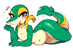 ai_generated anthro blush bodily_fluids clothing eyelashes female fingers generation_5_pokemon green_body green_scales hellsonger hi_res looking_at_viewer lying narrowed_eyes navel nintendo no_breasts on_side open_mouth pokemon pokemon_(species) red_eyes reptile scales scalie simple_background smile snivy solo sparkles sweat thick_thighs white_background wide_hips yellow_body