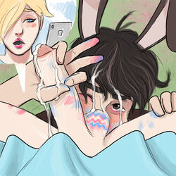 2boys animal_ears aqua_eyes arm_up black_hair blonde_hair blue_dress blue_eyes blush body_paint bunny_ears cum cum_on_face cum_on_hair dress easter easter_balls ejaculation erection facial femboy_on_male gay handjob licking lipstick looking_at_viewer makeup male male_focus male_only male_sucking_femboy mario_(series) masturbation multiple_boys naw89 nintendo open_mouth oral penis princess_rosalina short_hair spread_legs sucking_testicles super_mario_galaxy tagme testicles transgender_pride_colors trap