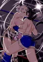 2futas animal_ears areolae black_hair boxing_gloves boxing_ring breasts cat_tail catfight clothed clothing condom cowgirl cum dickgirl duo ejaculation erection futa futa_on_futa futa_only futanari hands-free handsfree_ejaculation horns humanoid humanoid_penis kemonomimi kobenichiii light-skinned_futanari light_skin mostly_nude nipples orgasm penis ryona sexfight short_hair standing topless