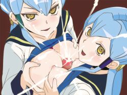 1boy 2girls blue_hair breast_size_difference cardfight!!_vanguard cum cum_on_face double_paizuri double_titfuck gillian_chen large_breasts oda_koziki penis penis_between_breasts sharlene_chen sisters small_breasts twins