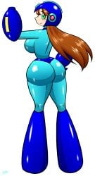 1girls 2d_artwork big_breasts blaster blue_bodysuit blue_eyes blue_gloves bodysuit breasts brown_hair capcom cleavage collarbone digital_drawing_(artwork) digital_media_(artwork) female green_eyes huge_breasts large_breasts latex latex_suit mega_man mega_man(classic) mega_man_(character) roco_(sulfer-kokegitsune) rule_63 shiny_clothes shiny_skin short_hair solo sulfer-kokegitsune tagme tight_clothing