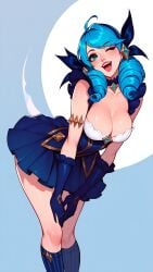 ai_generated bare_shoulders bent_over blue_eyes blue_hair cleavage cute dress gloves gwen_(league_of_legends) happy league_of_legends medium_breasts one_eye_closed open_mouth riot_games shiny_breasts shiny_hair shiny_skin sky4maleja smile