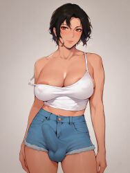 1futa ai_generated amber_eyes areola_slip black_hair bulge bulge_through_clothing casual_clothes covered_penis dickgirl erect_penis erection erection_under_clothes esendor futa_only futa_sans_pussy futanari huge_breasts huge_cock jean_shorts looking_at_viewer short_hair solo stable_diffusion tanned_skin